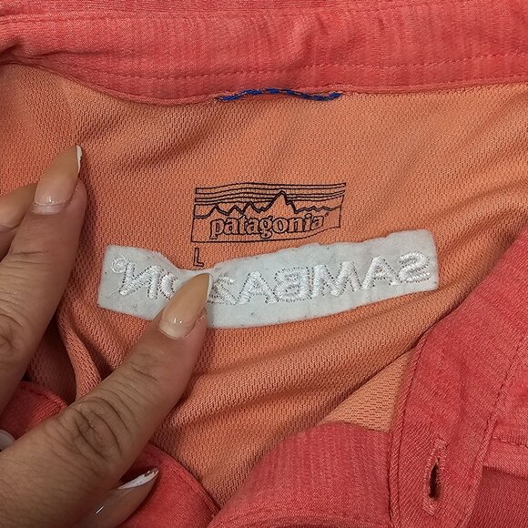 Patagonia Fish‎ Logo Polo Shirt Men's Large Short Sleeve Salmon/orange - Picture 7 of 10